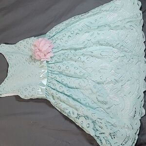 Girls' Lace Teal Dress with Pink Flower Accent
